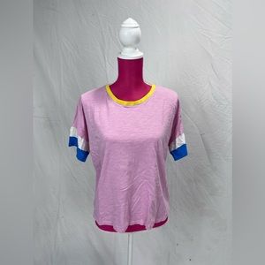 Boden Clarissa Jersey T-Shirt Peony Pink Yellow Blue Ringer T-Shirt | Size 10